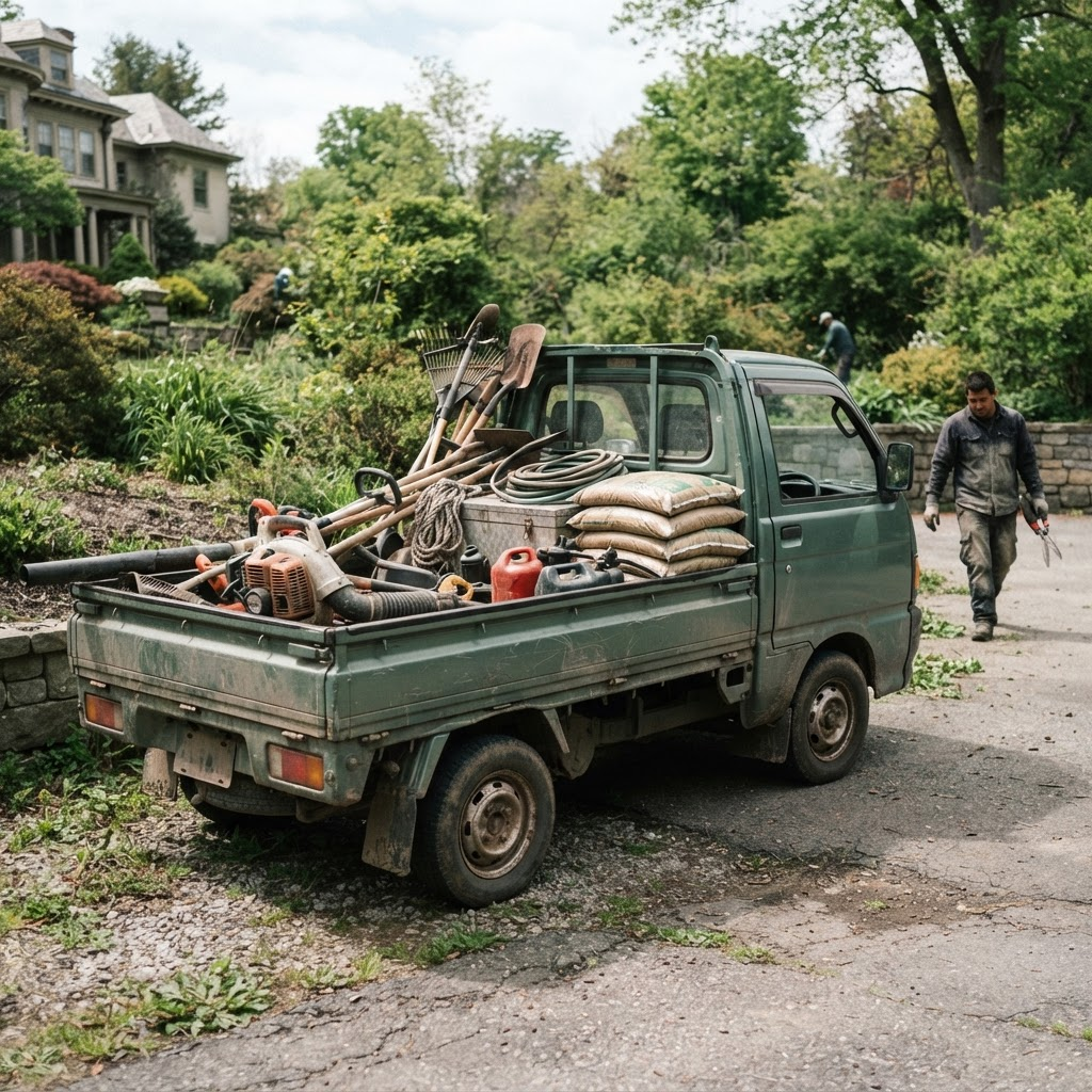 A Kei truck loaded with equipment at a property maintenance work site